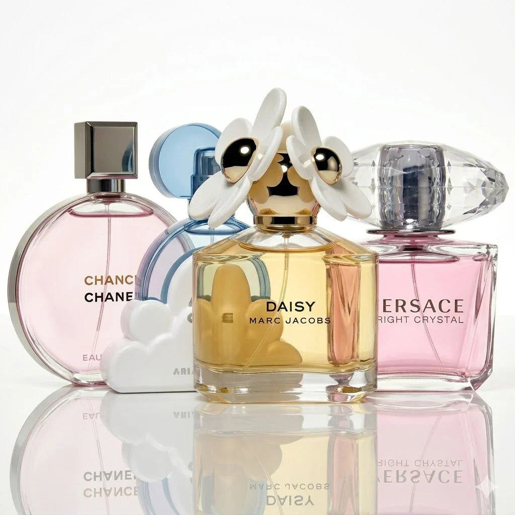 Set de 4 parfumuri | Chanel Chance Eau Tendre, Ariana Grande Cloud, Marc Jacobs Daisy, Versace Bright Crystal.